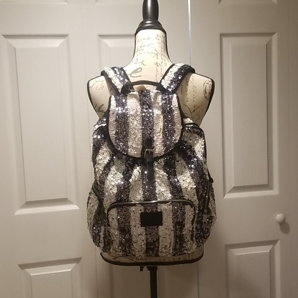 Brand New Victoria's Secret pink striped sequin Backpack... Sold Out!!!